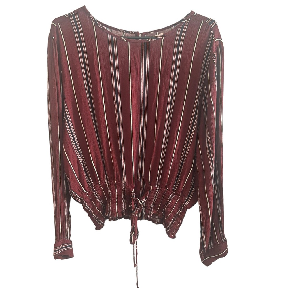 Dizzire Burgundy STRIPED CINCHED Waist Long Sleeve TOP Size XL